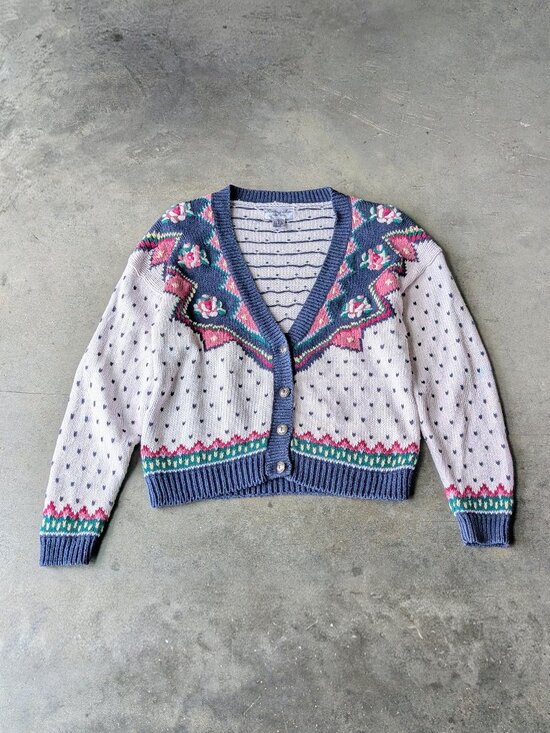 Vintage Sweaters - Vintage Coastal Grandma Embroidered Floral Knit Cardigan Sweater large